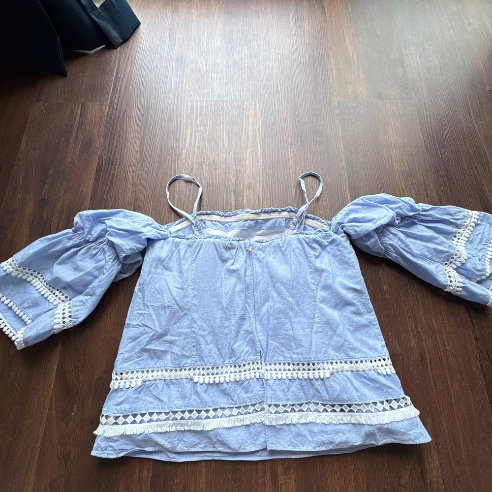 Cottagecore Prairie Light Blue Off-Shoulder Top Crochet Tassel Size 8 - Picture 5 of 9